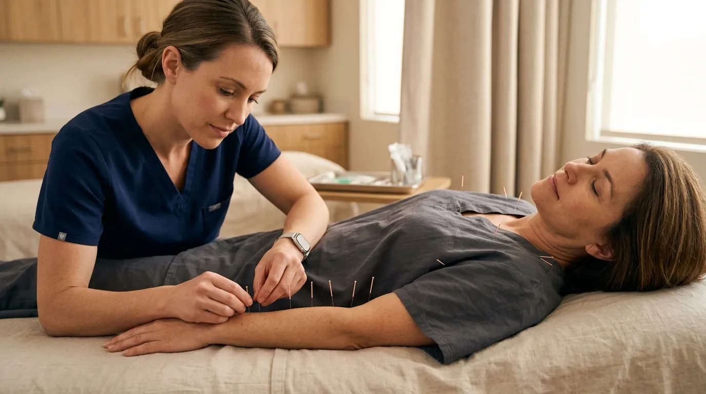Terapeuta aplicando acupuntura para aliviar el dolor neuropático en paciente en reposo en clínica